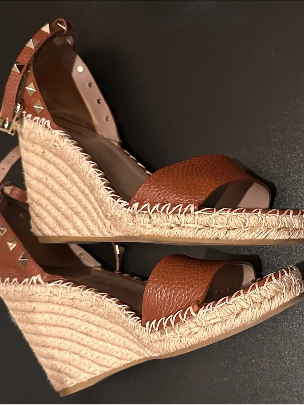 Valentino Tan Leather Studded Ankle-Strap Espadrille Wedges